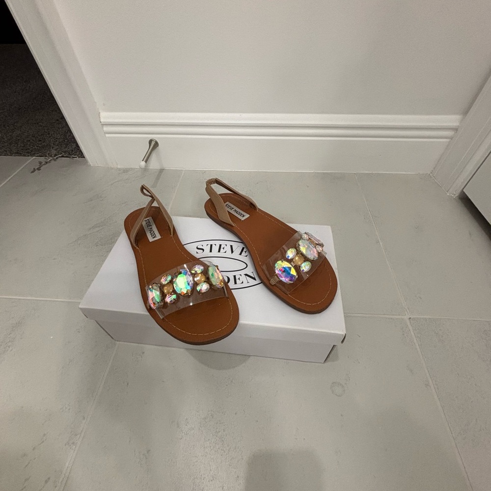 Steve Madden Tan Sandals with Colorful Gem Accents